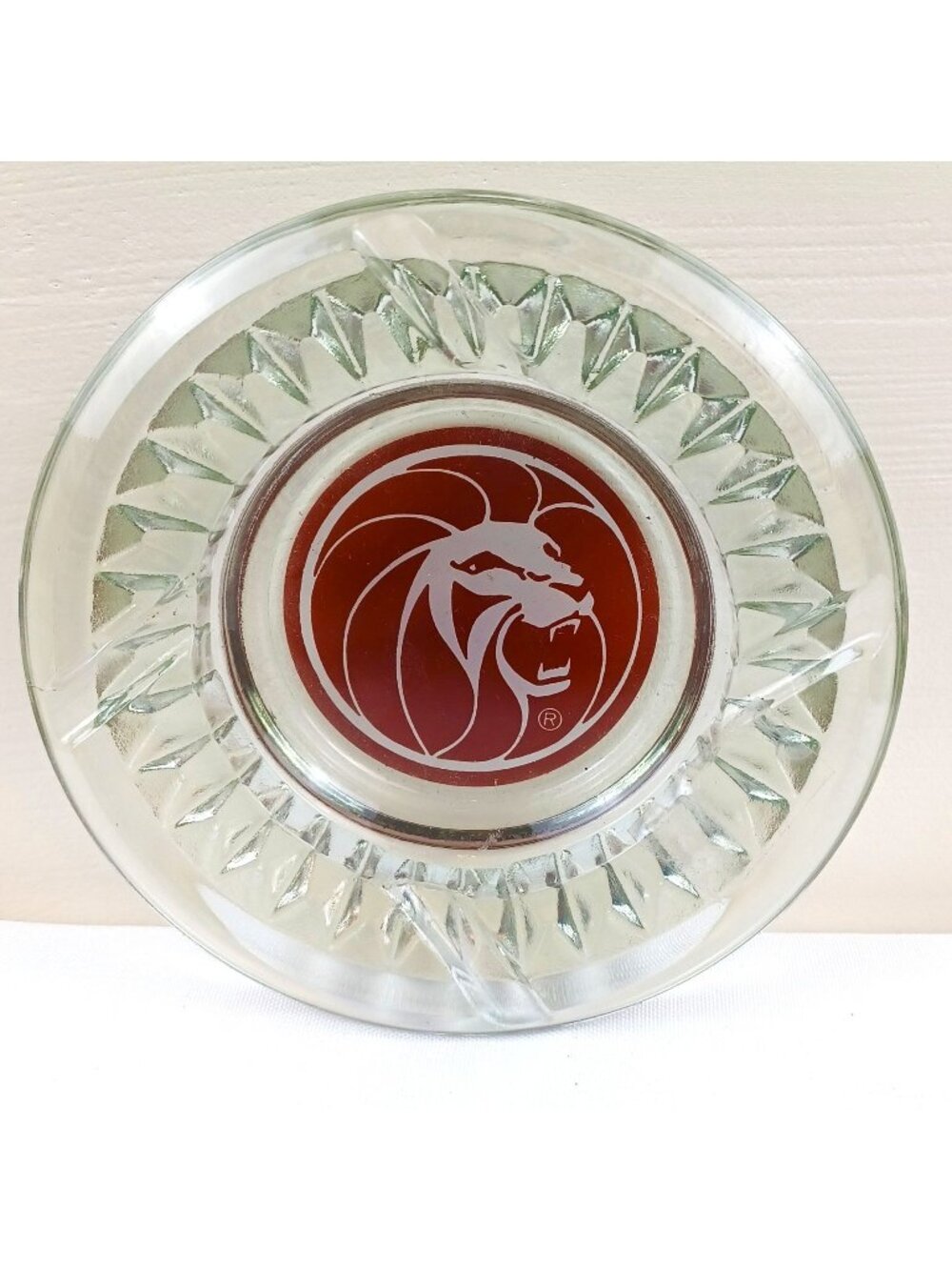 Vintage MGM Grand Casino Glass Ashtray Lion Logo Las Vegas Clear Red